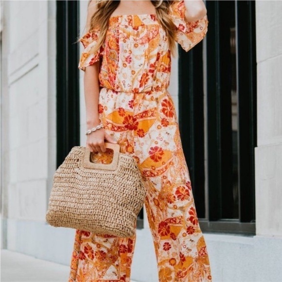 Free People Carmen Vibrant Orange Boho print off the shoulder Wide Leg Jumpsuit - Picture 2 of 11